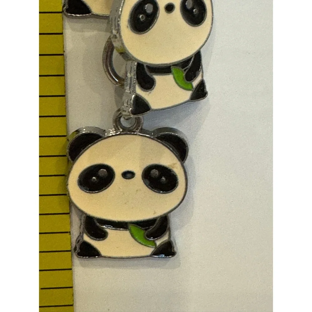 Kawaii Triple Panda Bear Enamel Charm Keychain Silver Tone Animal Key Ring